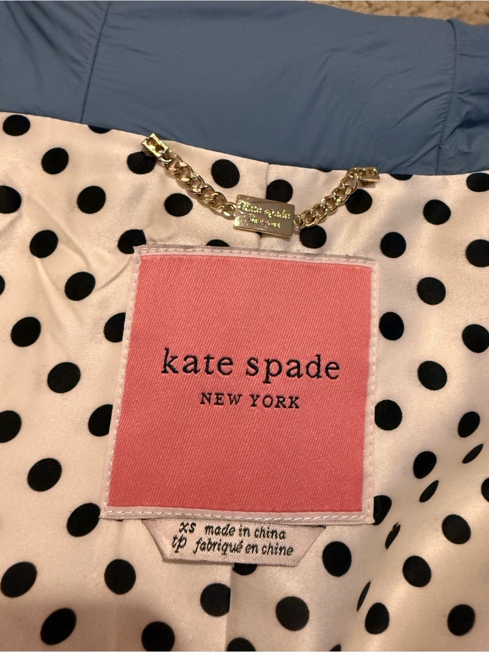 Kate Spade New York Blue Hooded Rain Jacket Polka Dot Lining XS - Picture 3 of 9